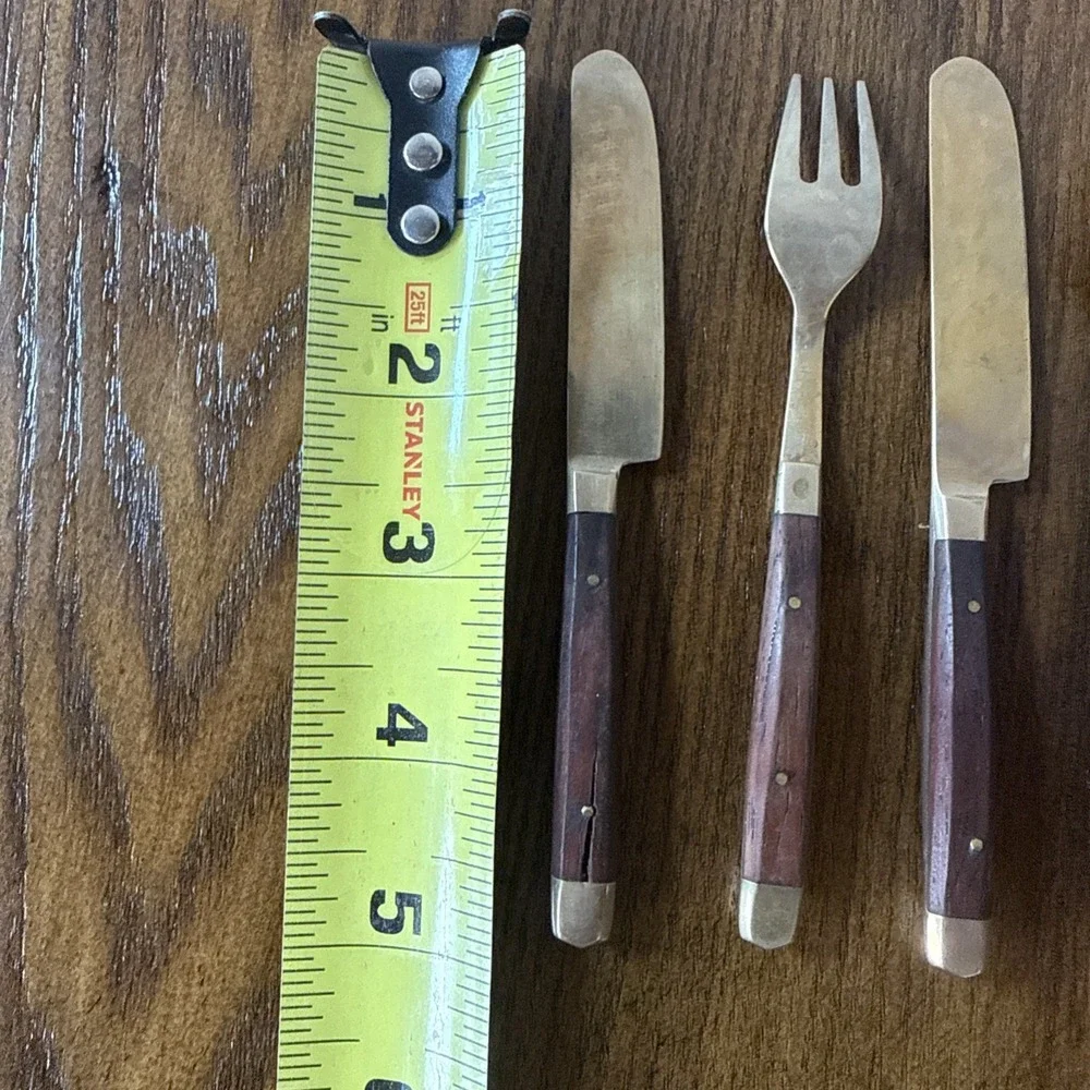 Vintage Wood And Brass Meat & Cheese Fork And Knife Set Charcuterie Board